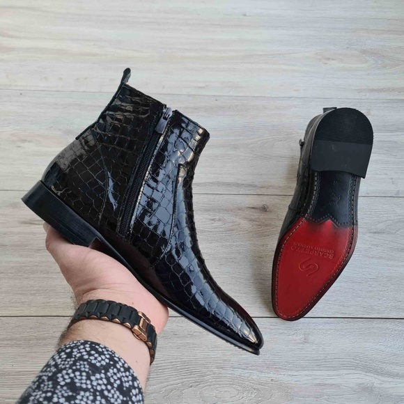 Black Men's Chelsea Croco Patent Leather Boots | Red Sole - Picture 2 of 4